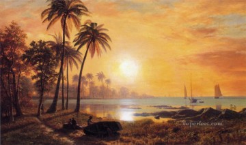 Tropical Landscape with Fishing Boats in Bay luminism landsacpes Albert Bierstadt Oil Paintings